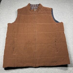 True Nation Vest Mens 2XLT Brown Corduroy Reversible Plaid Puffer Sleeveless Tal